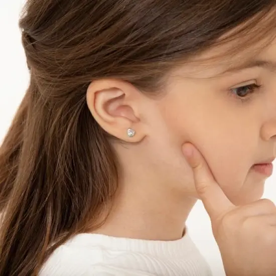 Girl's CZ Birthstone Heart Screw Back Sterling Silver Earrings - In Season Jewelry image {1}