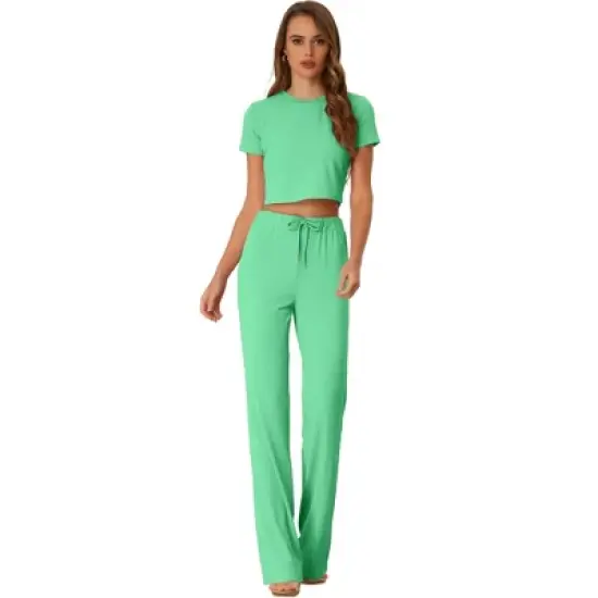 Allegra K Women's Two Pieces Short Sleeve Bodycon Ribbed Knit Crop Top Loose Wide Leg Pant Casual Lounge Set image {7}