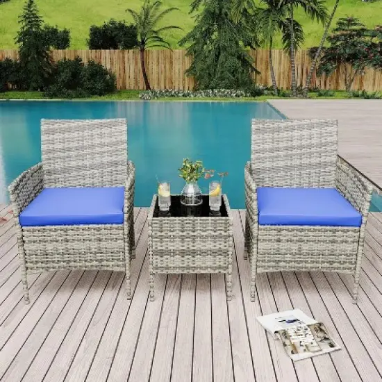 homfan 3 Piece Outdoor Patio Furniture Set, Wicker Bistro Table and Chairs Set, Patio Conversation Sets for Garden Front Porch Backyard Poolside Deck image {9}