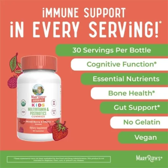 MaryRuth's Kids Multivitamin & Postbiotics Gummies, Mixed Berry & Cherry, Org, 60 ct image {7}