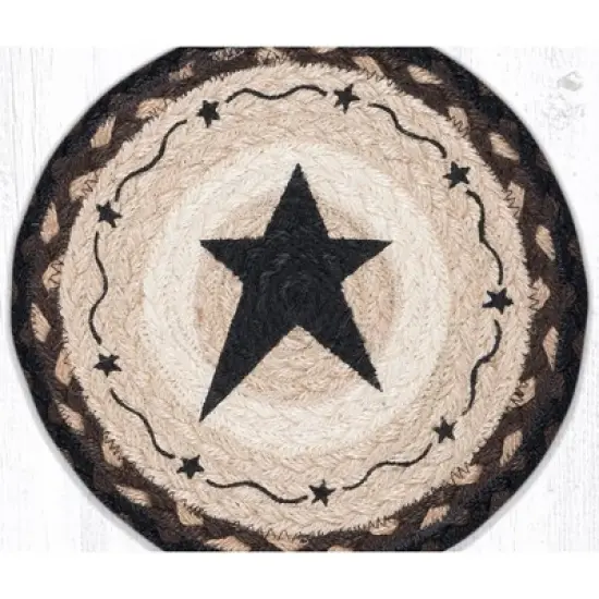Earth Rugs Round Jute Trivet 10"x10" &ndash; Primitive Black Star Design on Natural Braided Fiber image {2}