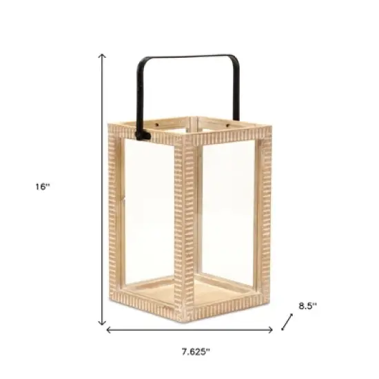 HomeRoots 16" Clear And Natural Glass And Solid Wood Tabletop Lantern Candle Holder image {2}