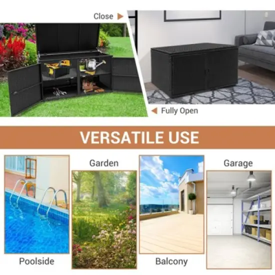 WELLFOR 88gal Outdoor Patio Garden Rattan Storage Box Black image {7}