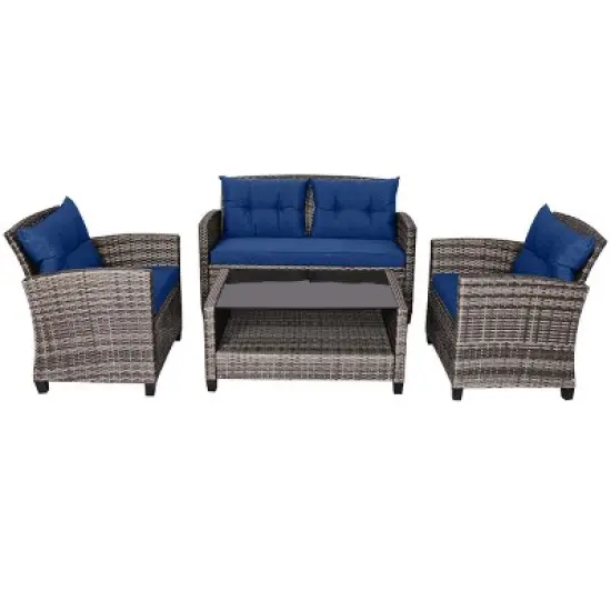 Tangkula 4PCS Rattan Furniture Set Coffee Table Cushioned Sofa Garden Lawn Patio Navy image {6}