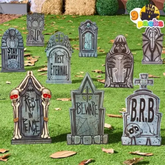 Joyfy 9 Pcs 16" Halloween Tombstones Outdoor Cemetery Decor, Yard Lawn Graveyard Plastic Headstones with 18 Metal Stakes for  Party Prop Supplies image {1}