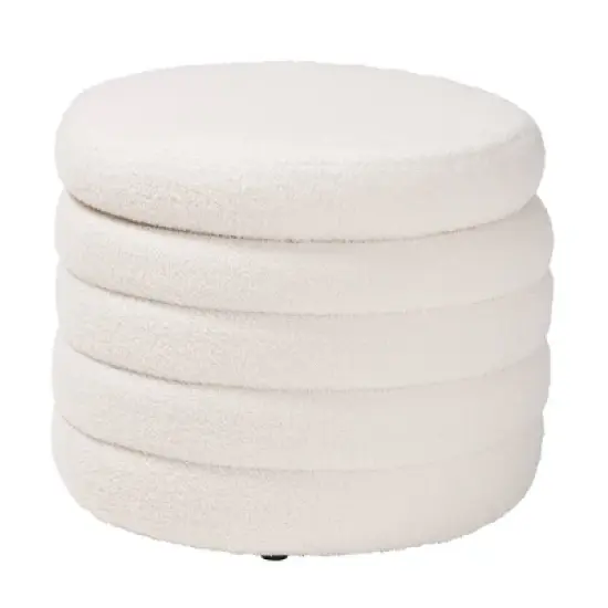 Tabitha Boucle Upholstered Storage Ottoman Ivory - Baxton Studio: Contemporary Round, No Assembly Required image {1}