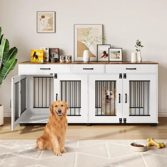 Nasitip 71'' Dog Crate Furniture for 2 Dogs, Wooden Double Dog Crate with 3 Drawers and Removable Room Divider for Large Medium Dogs image {7}