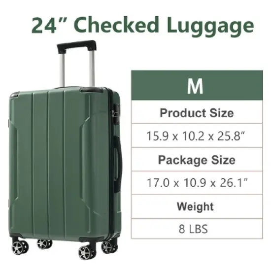 FURNIinspire Luggage 24 Inch Hardshell Suitcase, Checked Luggage, Lightweight Suitcases with Wheels for Travel, Business, Green, 10.2"*15.9"*25.8" image {2}