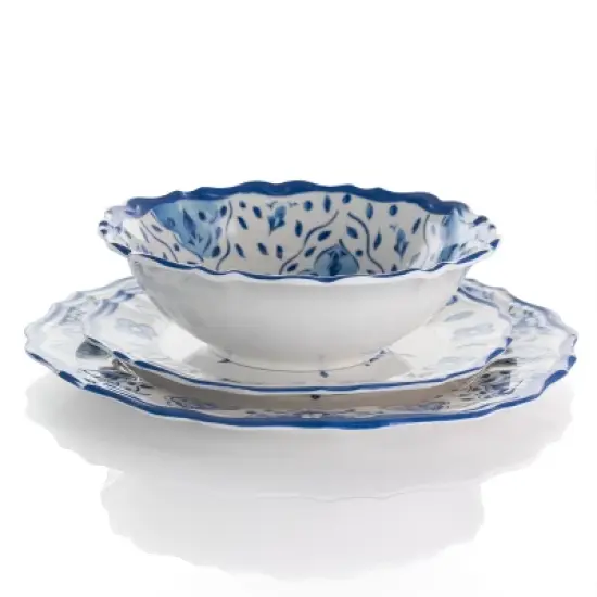 Elama Blue Garden 12 Piece Scalloped Lightweight Melamine Dinnerware Set in Blue image {1}
