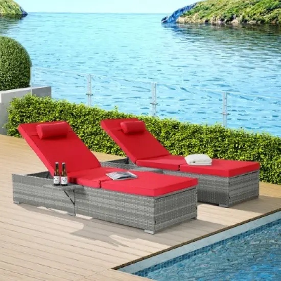 5 Level PE Rattan Outdoor Patio Chaise Lounge Set Of 2,Patio Chaise Lounge With Padded Cover Set And Side Table,Lounge Chair Outdoor -Maison Boucle image {17}