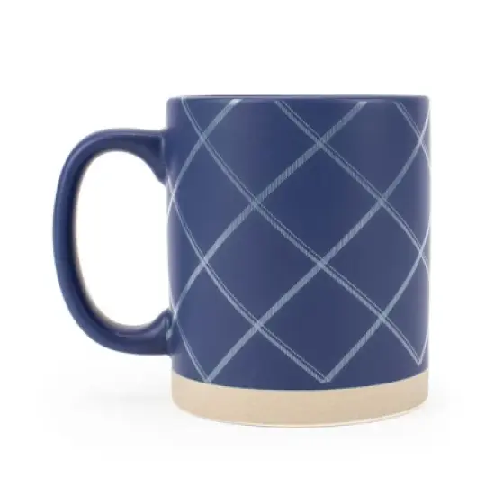 Elanze Designs Modern Plaid Raw Clay Bottom Navy Blue 16 ounce Ceramic Coffee Mugs Set of 4 image {1}