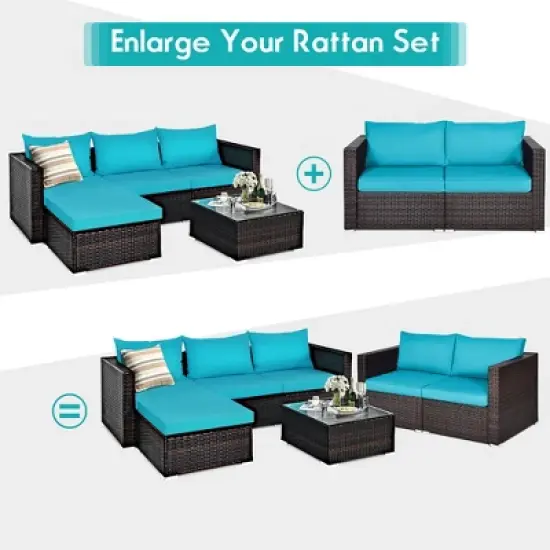 Costway 4PCS Patio Rattan Corner Sofa with Blue Cushion image {8}