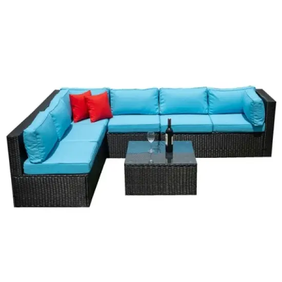 FIONECA 5-Piece PE Rattan Outdoor Sectional Sofa Set, Cushioned U-Shaped Patio Furniture with 2 Pillows image {10}