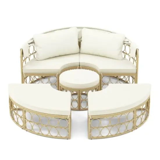 Tangkula Round Daybed w/ Retractable Canopy Soft Cushions for Patio Beige & Off White image {3}