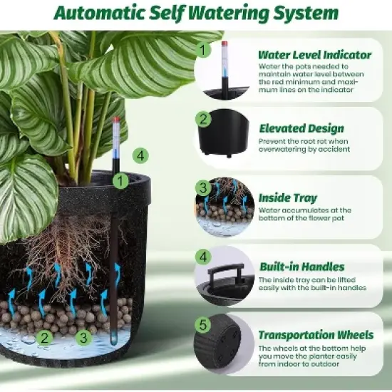 31" Marble Finish Self-Watering Planters Set of 2, Water Level Monitor, Ideal for Living Room, Office, Patio, Porch, and Garden, Black image {3}