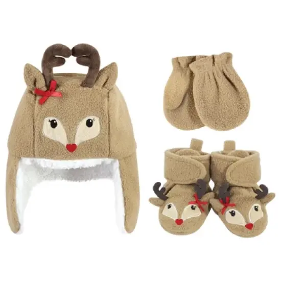 Hudson Baby Infant Girl Trapper Hat, Mitten and Bootie Set, Girl Reindeer image {8}