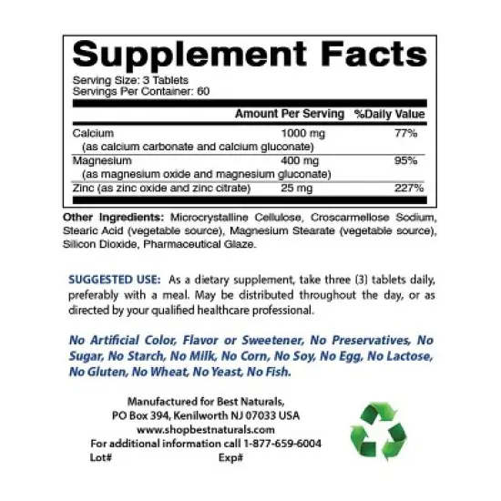 Best Naturals Calcium Magnesium Zinc 180 tablets image {1}