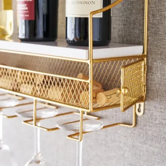 Twine Gold Wall Mounted Wine Rack, Holds 8 Standard Wine Bottles, Wood and Cast Iron, Cork Storage, Holds 5 Wine Glasses, Gold Finish image {2}