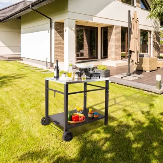 VEVOR Outdoor Grill Dining Cart with Double-Shelf, BBQ Movable Food Prep Table, Multifunctional Stainless Steel Table Top, Portable Modular Carts image {1}