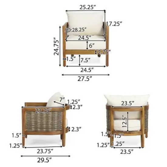 Christopher Knight Home Burchett 4 Pieces Patio Acacia Wood and Wicker Conversation Set with Cushions image {3}