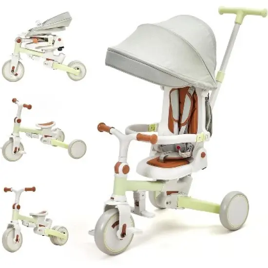 7-in-1 Foldable Baby Tricycle w/ Adjustable Parent Handle, Safety Harness & Wheel Brakes - Toddler Trike w/ Removable Canopy for Boys & Girls image {8}