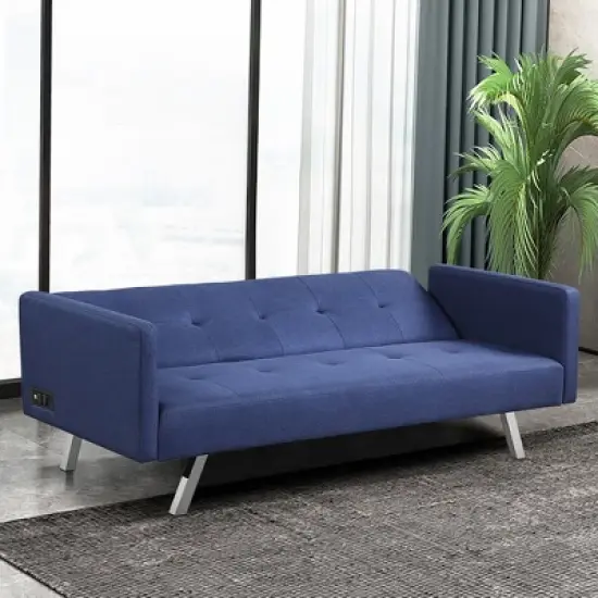 Costway Convertible Futon Sofa Bed Folding Recliner w/USB Ports&Power Strip Grey\Blue image {3}