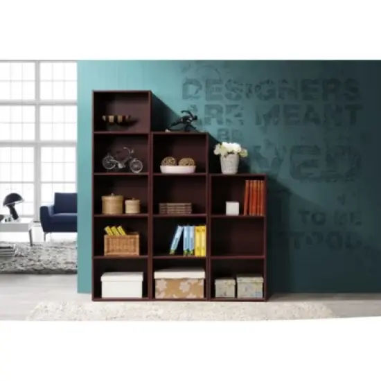 Hodedah Import 12 D x 16 W x 60 H Inch 5 Shelf Bookcase Storage Organizer Solution for Living Room, Bedroom, or Office, Mahogany Wood Finish image {4}