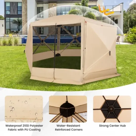 Costway 11.5 X 11.5 FT 6-Sided Pop-up Screen House Tent With 2 Wind Panels for Camping Coffee/Green image {5}