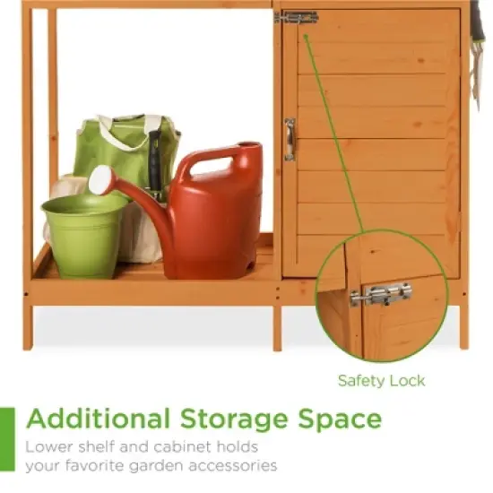 Best Choice Products Outdoor Garden Wooden Potting Bench Station w/ Metal Table Top, Pre-Stained Finish, Cabinet - Brown image {2}