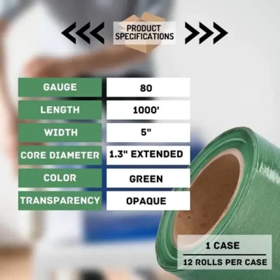 PSBM 12 Rolls Opaque Green 5" x 1000 Ft. Mini Extended Core Pallet Stretch Wrap 80 Ga image {3}