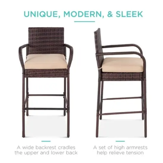 Best Choice Products Set of 2 Wicker Bar Stools w/ Cushion, Footrests, Armrests for Patio, Pool, Deck image {4}