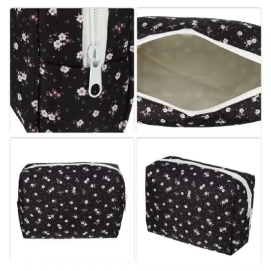 Unique Bargains Portable Floral Cosmetic Bag Black 1 Pc image {2}