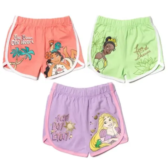 Disney Princess Belle Jasmine Moana Rapunzel Tiana Ariel Girls French Terry 3 Pack Shorts Toddler to Big Kid image {10}