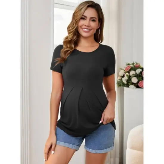 INSPIRE CHIC Women's Maternity Top Short Sleeve Crewneck Wrinkle Design Blouse Waist Tiered Pregnancy T-Shirt image {1}