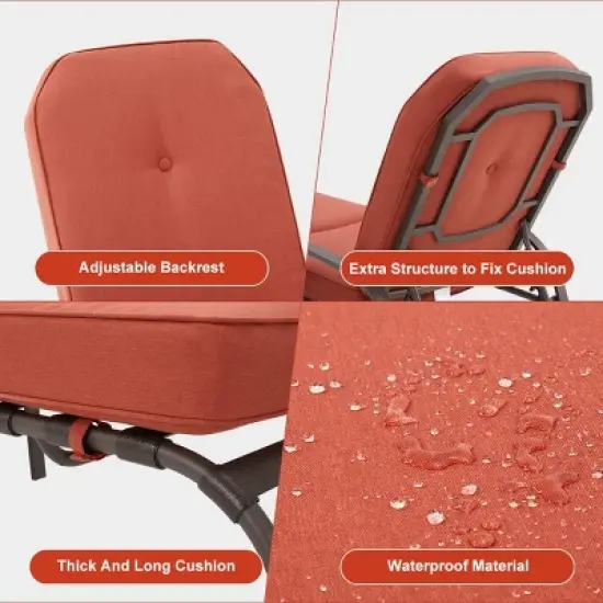 COWLOWN Orange Adjustable Outdoor Chaise Lounge Chair, Patio Recliner with Armrest and Cushion, Ideal for Deck, Poolside, Backyard image {2}