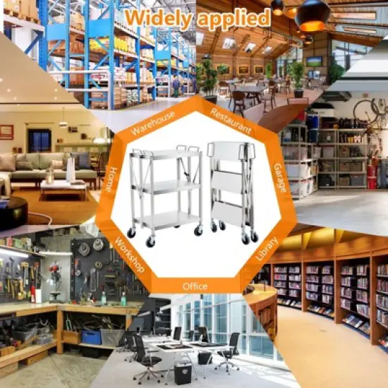 Folding Utility Cart, Stainless Steel Collapsible Service Cart 133 Lbs Large Loading per Shelf, Sturdy 3-Tier Rolling Cart with Wheels Lockable image {3}