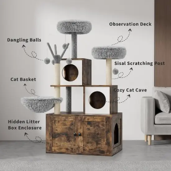 54in Tall 2-in-1 Wooden Cat Tree, Modern Multi-Level Pussy Tower Condo Toilet Furniture, Large Cat Play House, Scratching Post and Dangling Balls image {2}
