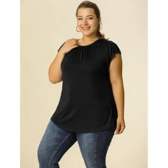 Agnes Orinda Women's Plus Size Round Neck Ruched Short Sleeve Summer Casual Blouses image {3}
