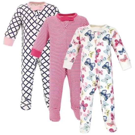 Touched by Nature Baby Girl Organic Cotton Zipper Sleep and Play 3pk, Bright Butterflies image {1}