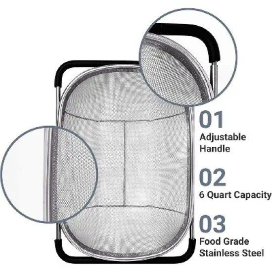 Over the Sink Colander Strainer Basket Stainless Steel, For Kitchen Sink with Rubber Grip, Fine Mesh, Large Kitchen Gadgets Tools image {4}
