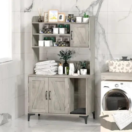 Cat Litter Box Enclosure with Shelves,Hidden Cat Box Cabinet Furniture with Scratching Mat,Wood Sturdy Cat Washroom Storage, Indoor Cat House image {4}