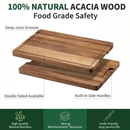Large Natural Acacia Wood Cutting Board, 18"x12" Reversible Butcher Block with Deep Juice Groove & Side Handles, Durable Multipurpose Chopping Board image {1}