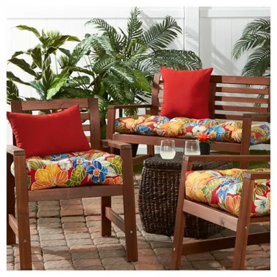 Aloha Red Floral Outdoor Bench Cushion - Kensington Garden image {2}