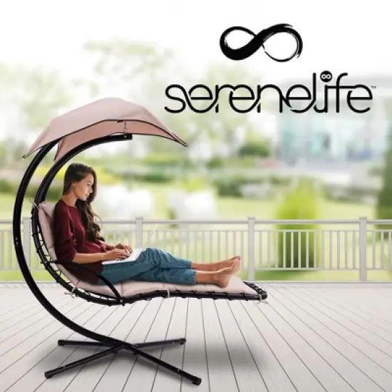 SereneLife Outdoor Swinging Chaise w/a Built-in Pillow and Removable Canopy UV Protection and Foam Covered Armrest image {7}