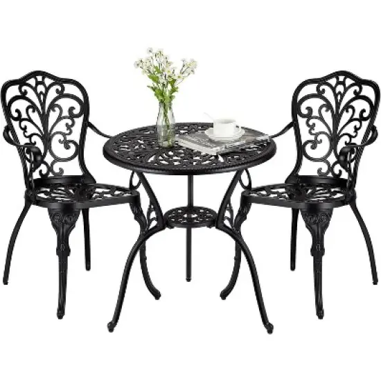 3-Piece Outdoor Bistro Set, All-Weather Cast Aluminum Patio Table+Chairs w/Umbrella Hole for Yard, Garden, Balcony, and Poolside Use image {8}