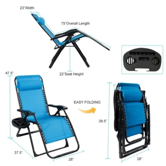 Tangkula Oversized Zero Gravity Lounge Chair Folding Recliner w/ Cup Holder & Pillow Blue image {2}