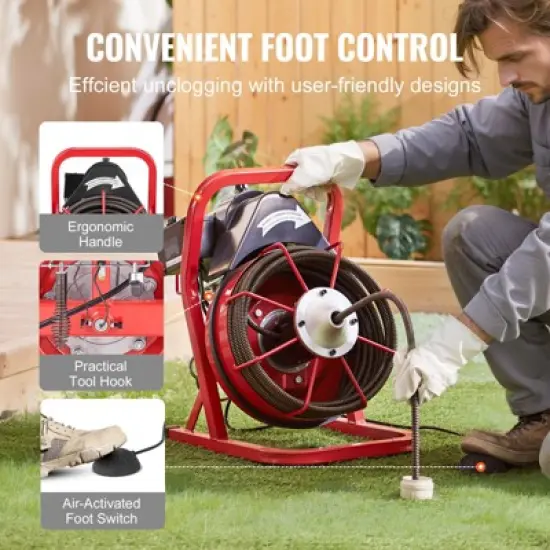 VEVOR Drain Cleaner Machine 50FT x 1/2 Inch, Sewer Snake Auger Manual Feed, 250W Electric Drain Cleaning Machine, Silver image {6}