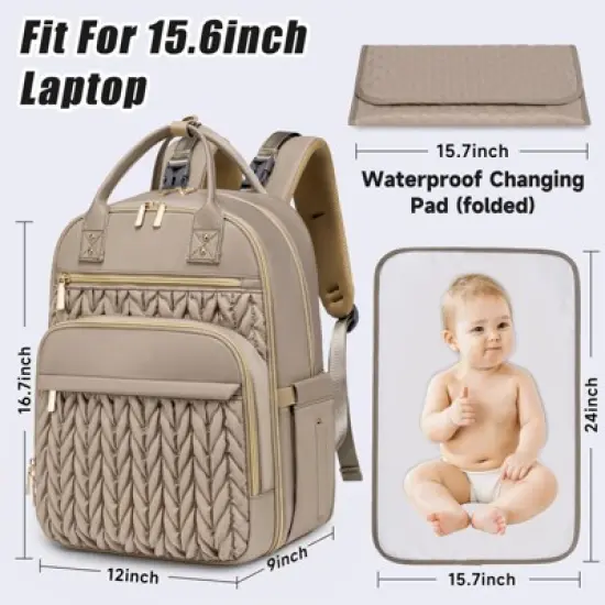 Itopfox Stylish Baby Diaper Backpack with Changing Pad, Waterproof Travel Bag, Stroller Straps, Insulated Pockets, Khaki image {4}