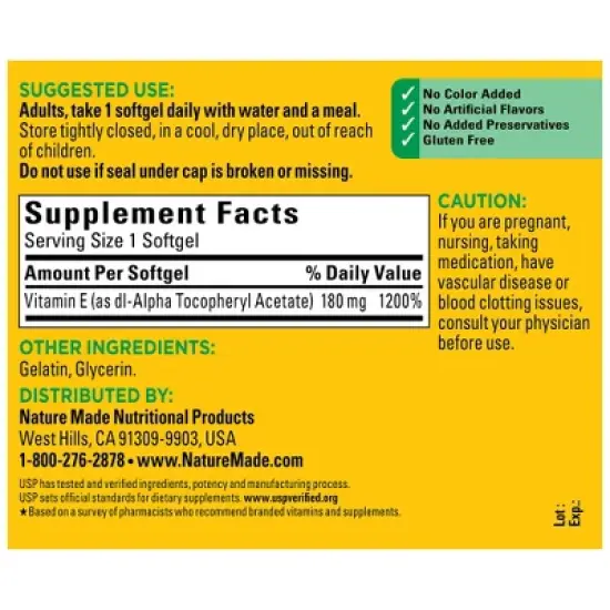 Nature Made Vitamin E - DL-Alpha 400IU Heart Softgels - Non Vegetarian - 180ct image {2}