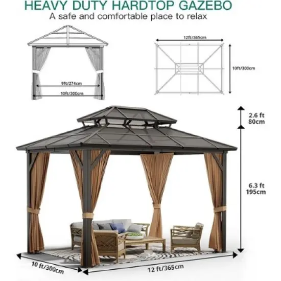 Hardtop Gazebo Outdoor Double Roof Canopy with Curtains & Netting image {1}
